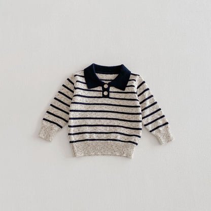 長袖シャツ・ブラウス Black / 80cm Polo Collar Striped Knitted Sweater ポロカラー ストライプ セーター【mh0011967】