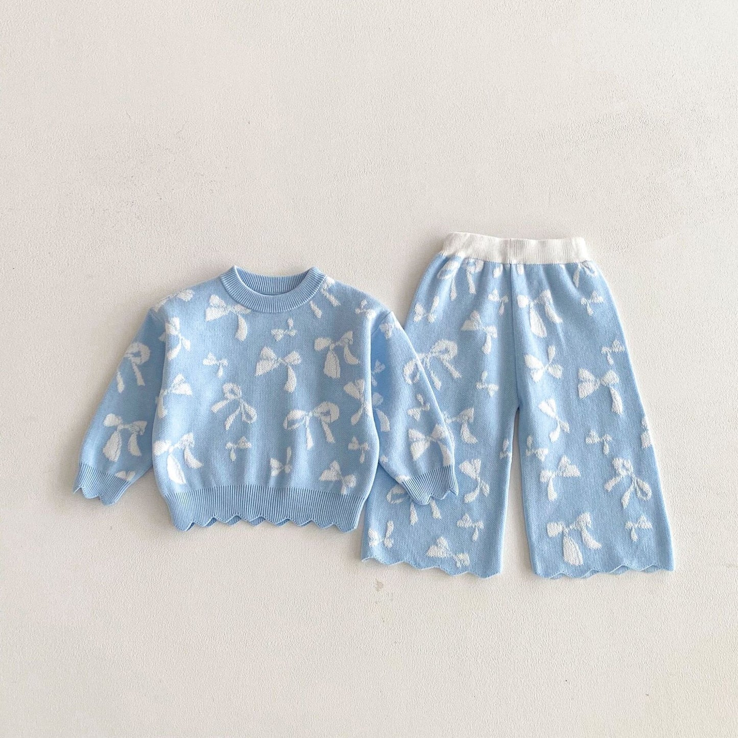 長袖セットアップ Blue / 73cm Jacquard Bow Knitted Set ジャガード リボン ニット セットアップ【mh0012098】