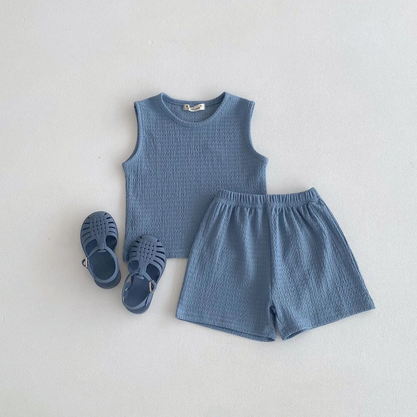 ノースリーブセットアップ Blue / 80cm 9-12M キッズセットアップ 2点セット タンクトップ+ショートパンツ シンプルベーシック 2カラー【mh0005251】