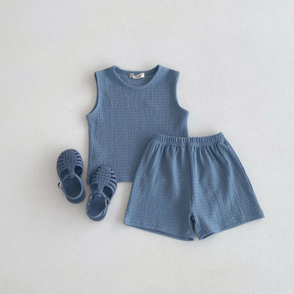 ノースリーブセットアップ Blue / 80cm 9-12M キッズセットアップ 2点セット タンクトップ+ショートパンツ シンプルベーシック 2カラー【mh0005251】