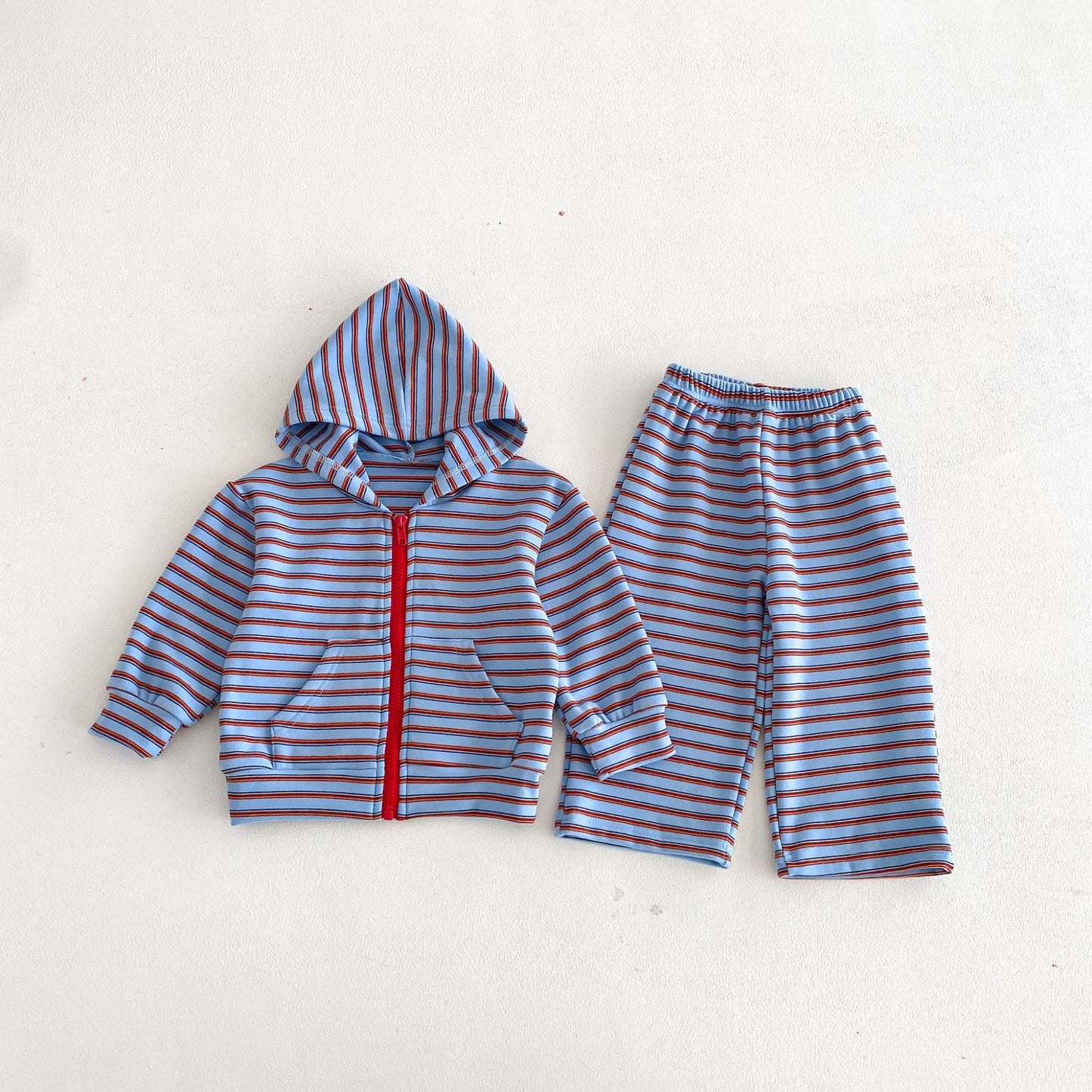 長袖セットアップ Blue / 80cm Hooded Zipper Striped Sweatshirt Set ジップアップ ストライプ セットアップ【mh0011968】