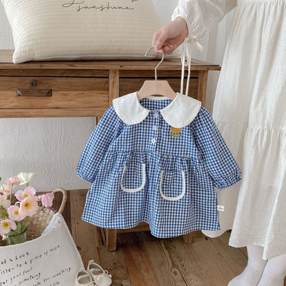 長袖ワンピース Blue / 80cm ギンガムチェック丸襟長袖ワンピース【mh0010675】