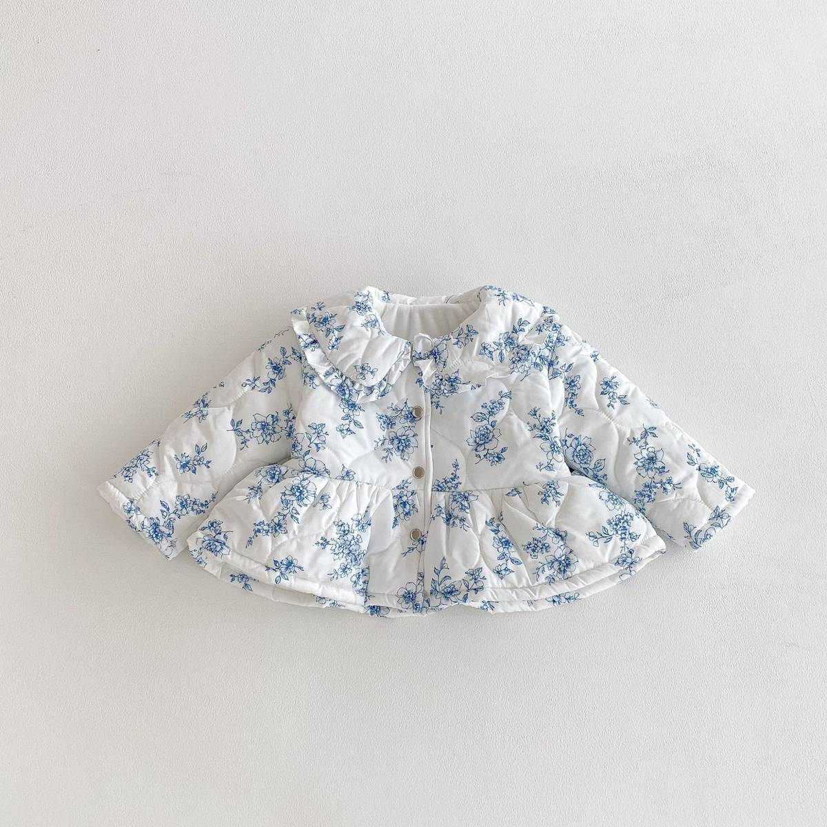 ショートコート・ジャケット・ジャンパー Blue / 80cm 長袖ジャケット 中綿キルティング フラワー柄 フリル襟 アウター【mh0011373】