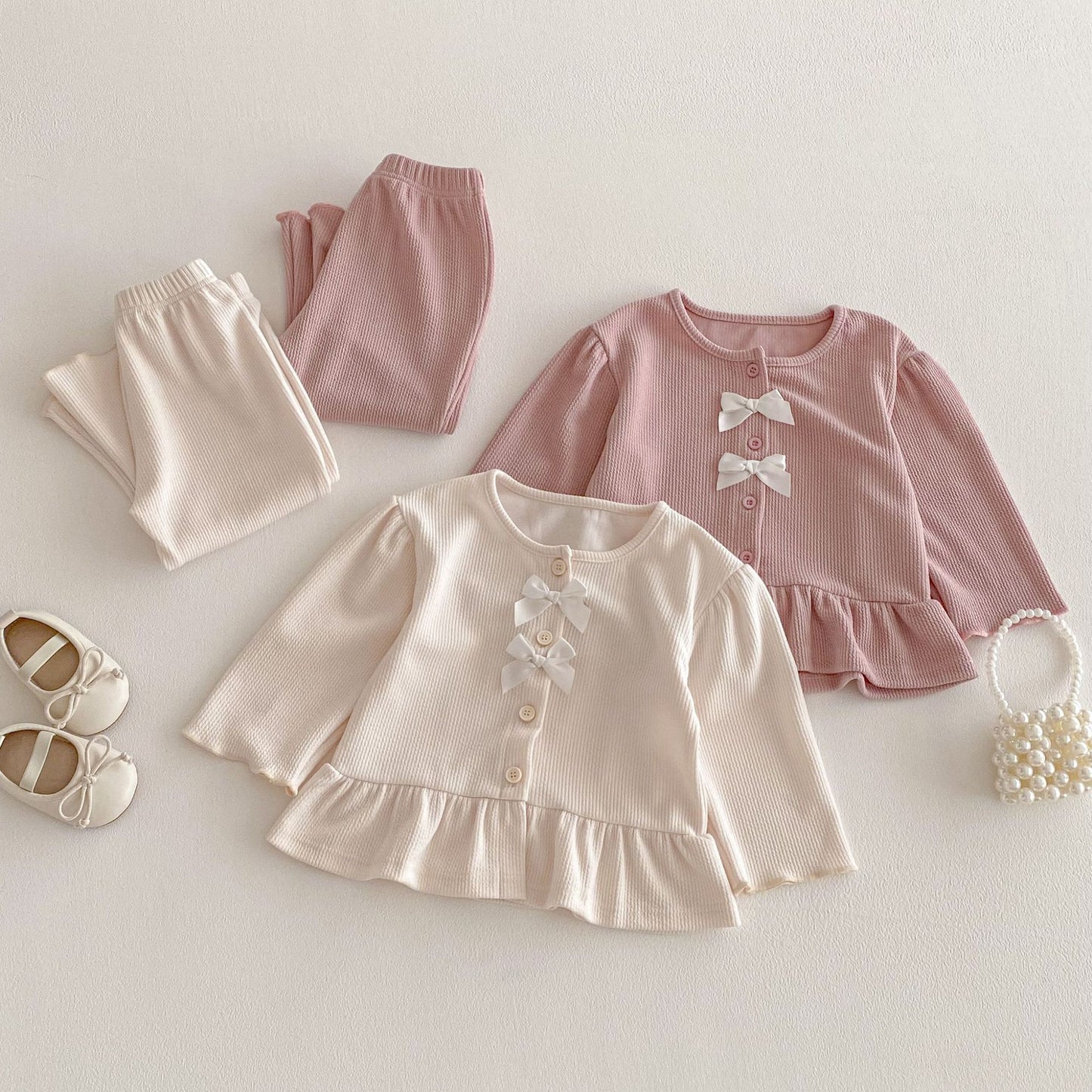 長袖セットアップ Bow Cardigan Long Sleeve Top Set リボン カーディガン セットアップ【mh0011965】