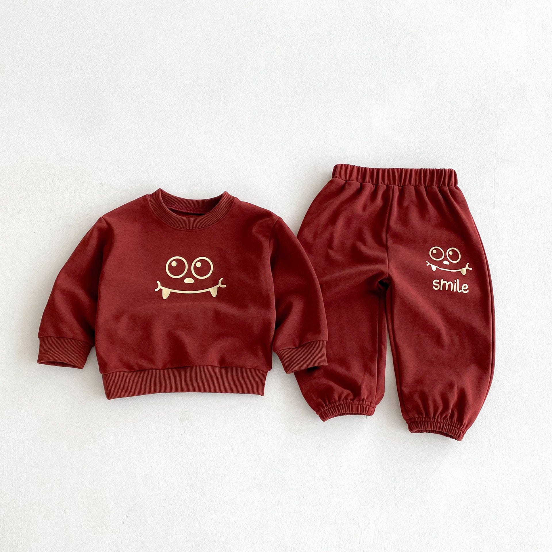 長袖セットアップ Brick Red / 80cm スマイルフェイスプリント長袖スウェットシャツ+ロングスウェットパンツセットアップ 2点セット【mh0010676】