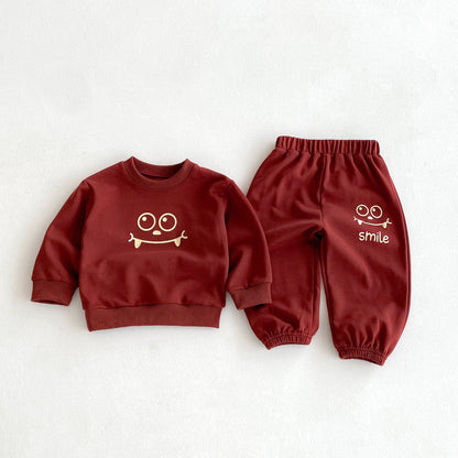長袖セットアップ Brick Red / 80cm スマイルフェイスプリント長袖スウェットシャツ+ロングスウェットパンツセットアップ 2点セット【mh0010676】