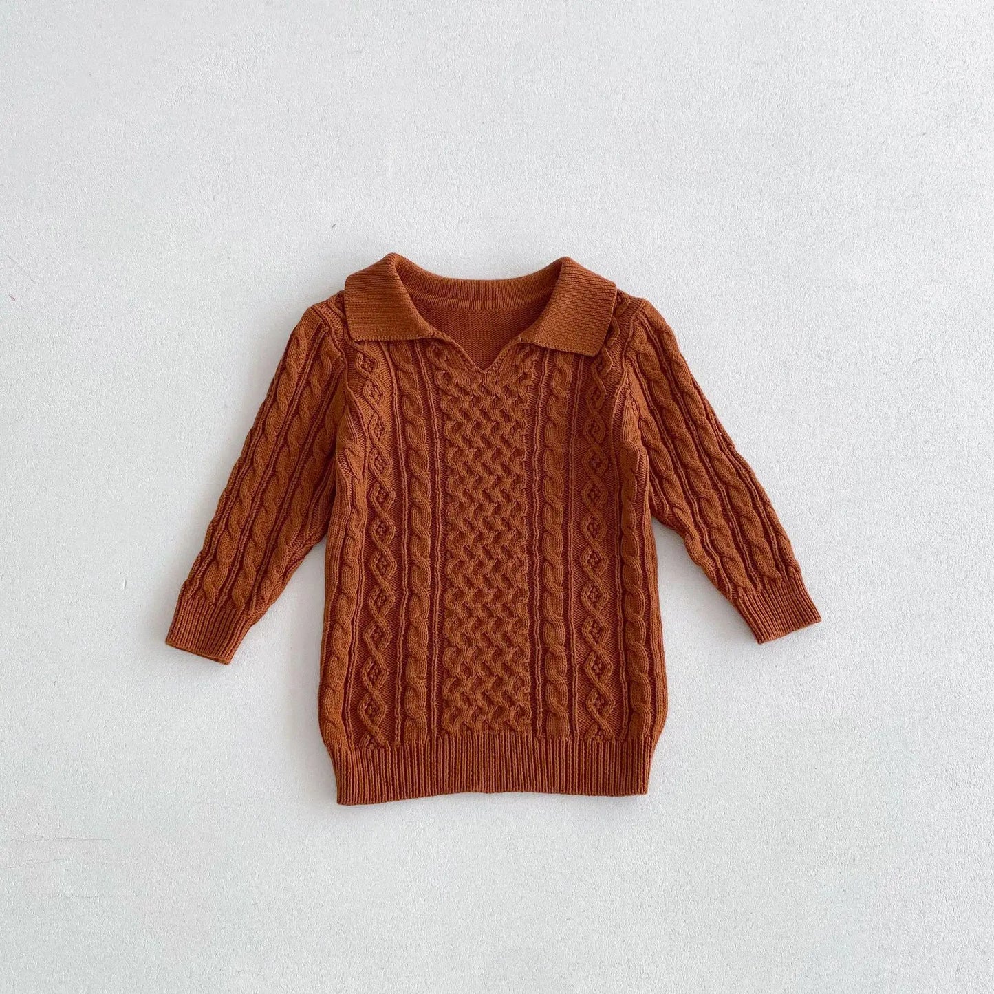 長袖ワンピース Brown / 12M  80CM キッズトップス 襟付ケーブル編みニットロングトップスワンピース 2カラー【mh0006979】