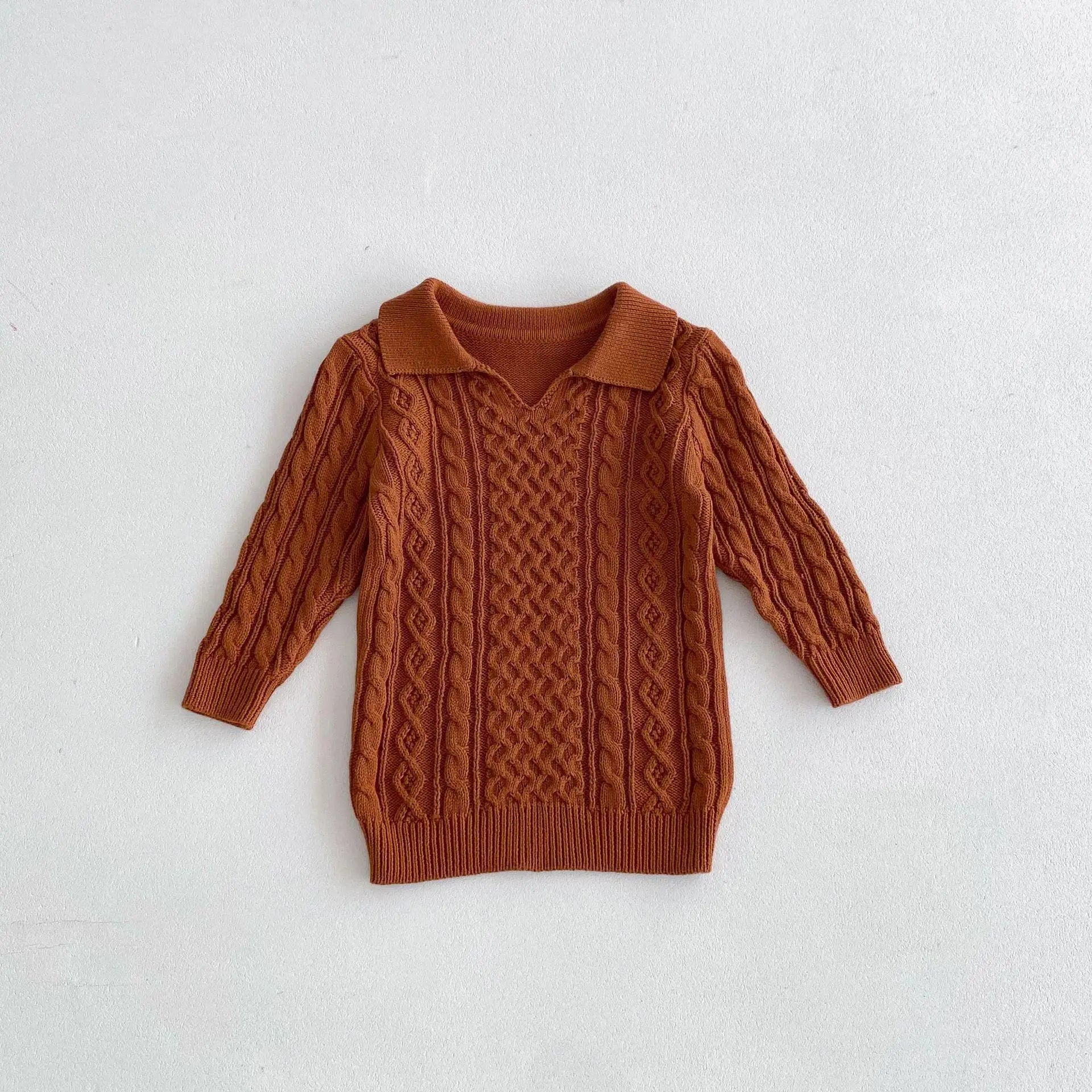 長袖ワンピース Brown / 12M  80CM キッズトップス 襟付ケーブル編みニットロングトップスワンピース 2カラー【mh0006979】