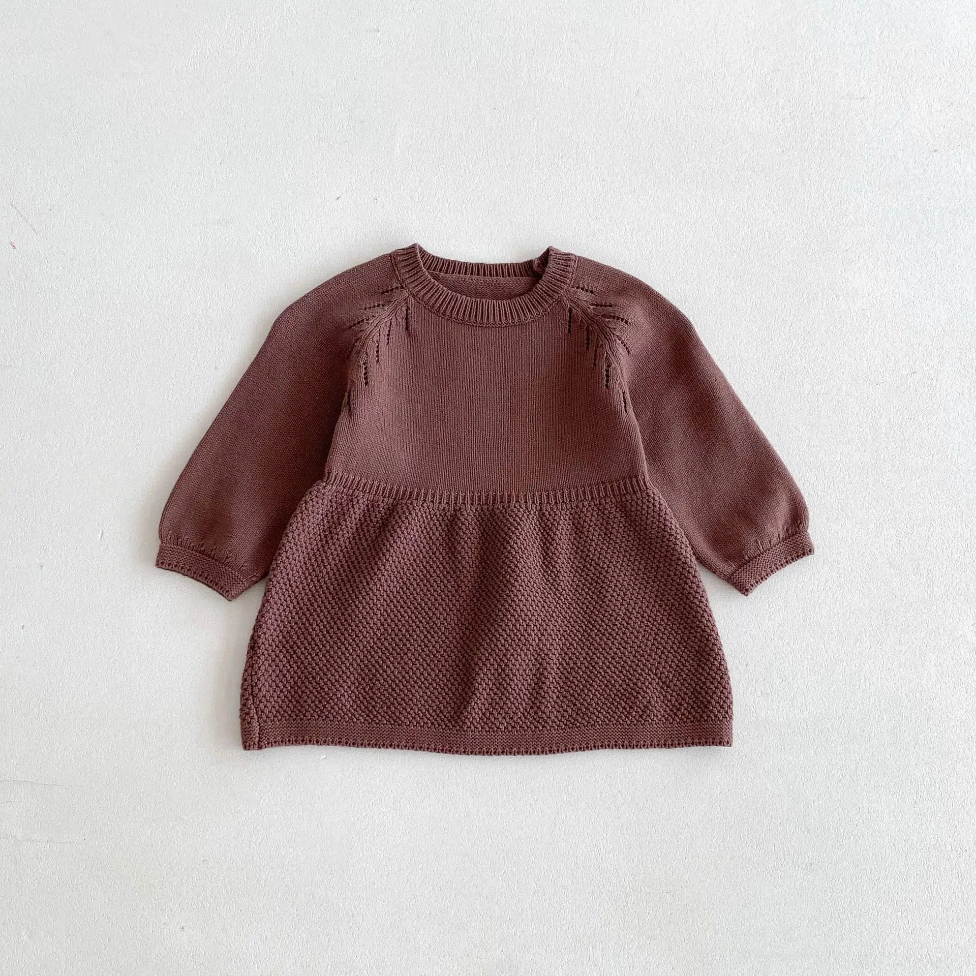 長袖ワンピース Brown / 12M  80CM キッズワンピース シンプルベーシックニット長袖ワンピース ブラウン【mh0007029】