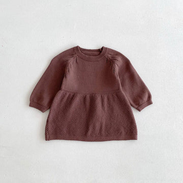 長袖ワンピース Brown / 12M  80CM キッズワンピース シンプルベーシックニット長袖ワンピース ブラウン【mh0007029】