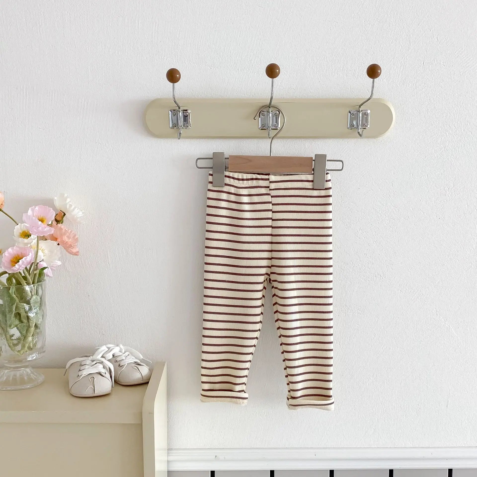 レギンスパンツ Brown / 12M  80CM キッズパンツ ボーダー柄裏フリース厚手シンプルレギンスパンツ【mh0008090】