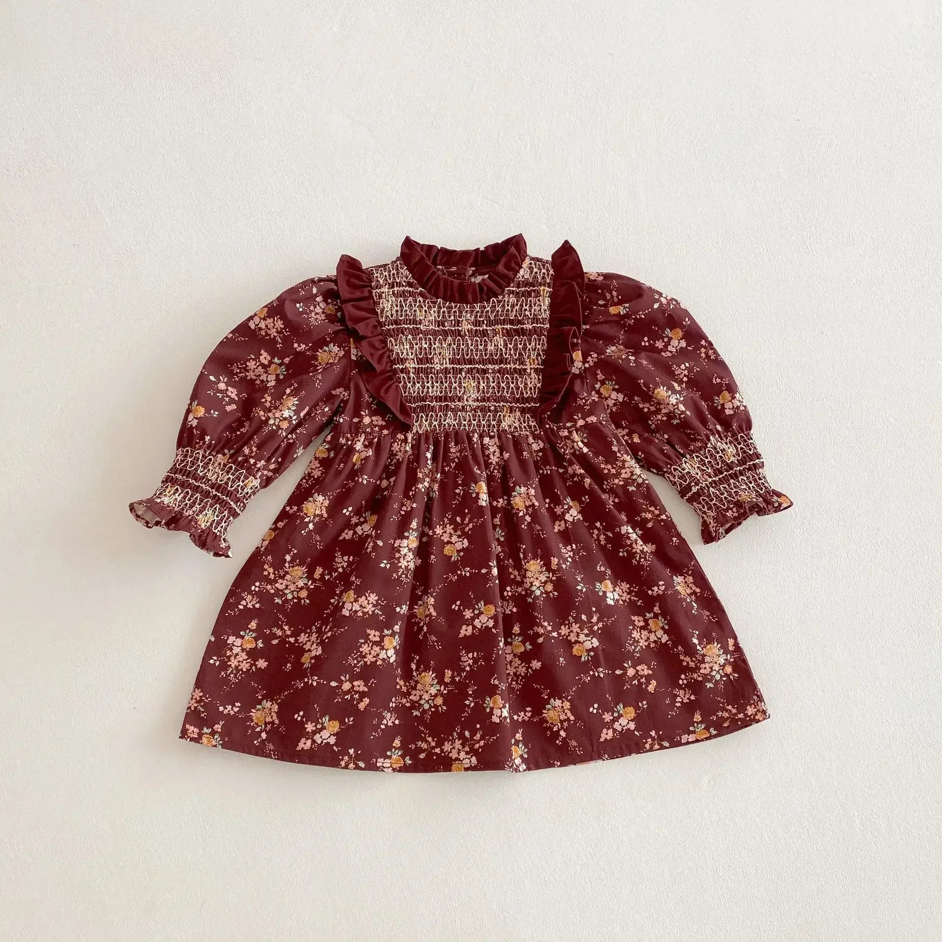 長袖ワンピース Brown / 12M  80CM キッズワンピース フラワープリントフリルシャーリング長袖ボヘミアンワンピース【mh0008960】