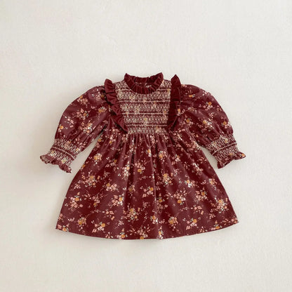 長袖ワンピース Brown / 12M  80CM キッズワンピース フラワープリントフリルシャーリング長袖ボヘミアンワンピース【mh0008960】