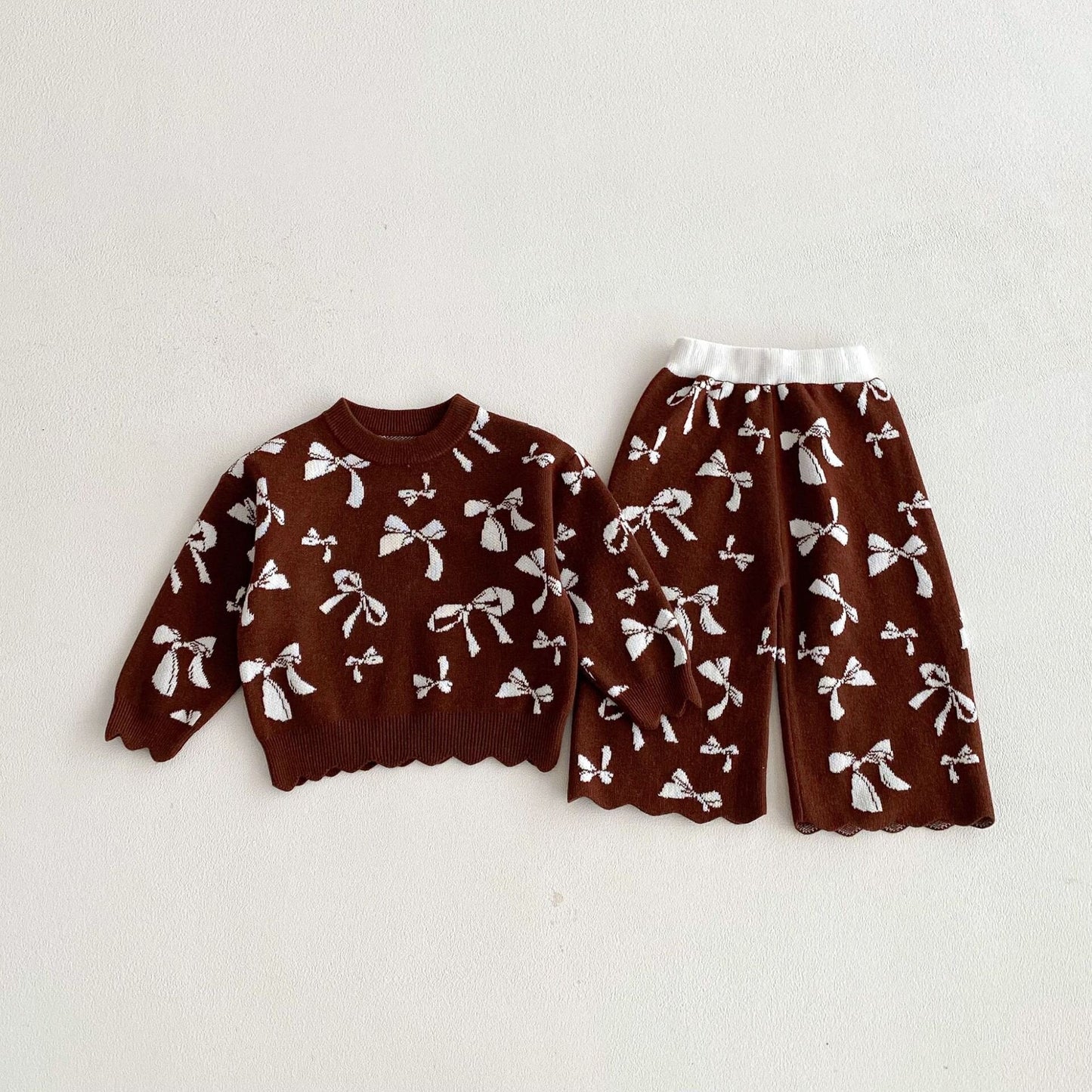 長袖セットアップ Brown / 73cm Jacquard Bow Knitted Set ジャガード リボン ニット セットアップ【mh0012098】