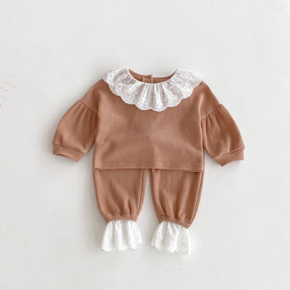 長袖セットアップ Brown / 80cm 長袖トップス+パンツ ワッフル生地 レース襟 メロウフリル セットアップ 2点セット【mh0011380】