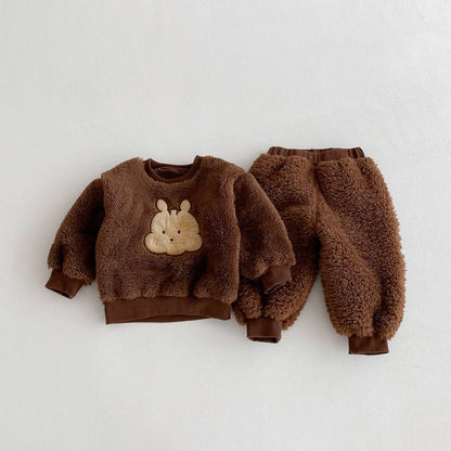 長袖セットアップ Brown / 80cm 長袖トレーナー+スウェットパンツ セットアップ 2点セット ボア生地 くまうさぎ アップリケ あったか【mh0011381】