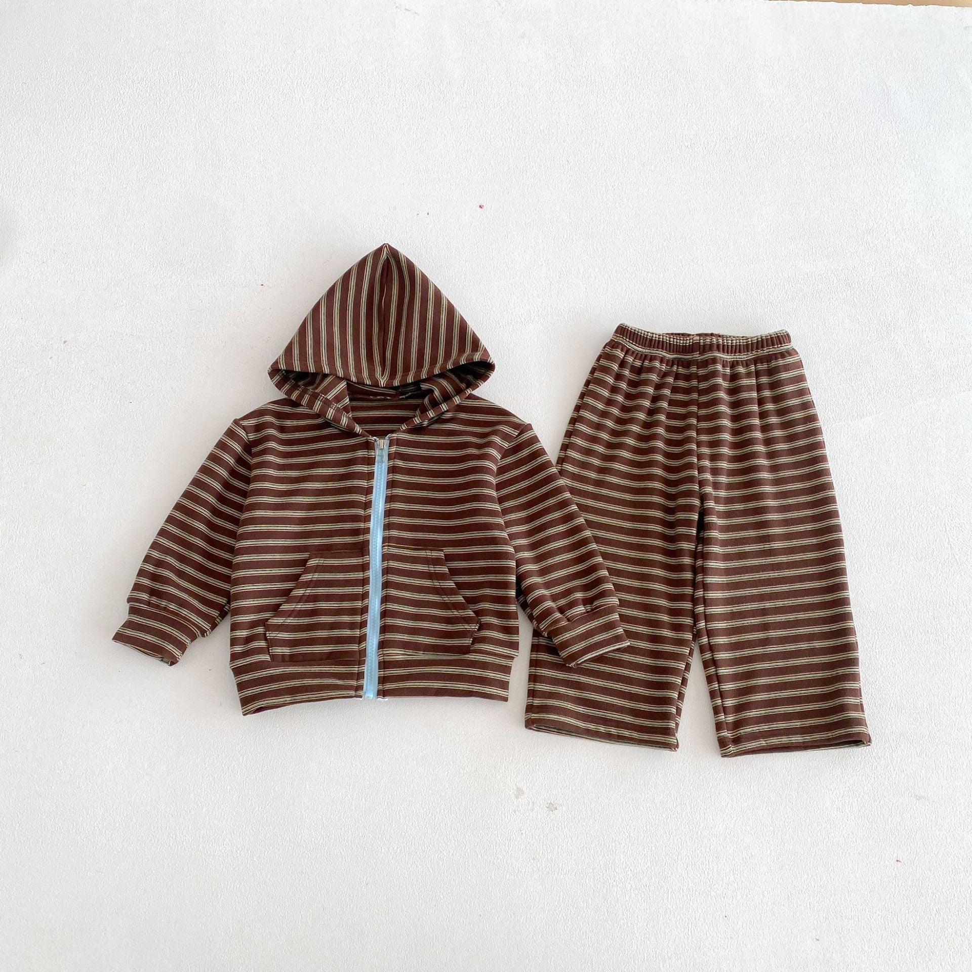 長袖セットアップ Brown / 80cm Hooded Zipper Striped Sweatshirt Set ジップアップ ストライプ セットアップ【mh0011968】