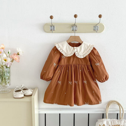 長袖ワンピース Brown / 80cm リボン刺繍フリル丸襟長袖ワンピース【mh0010687】