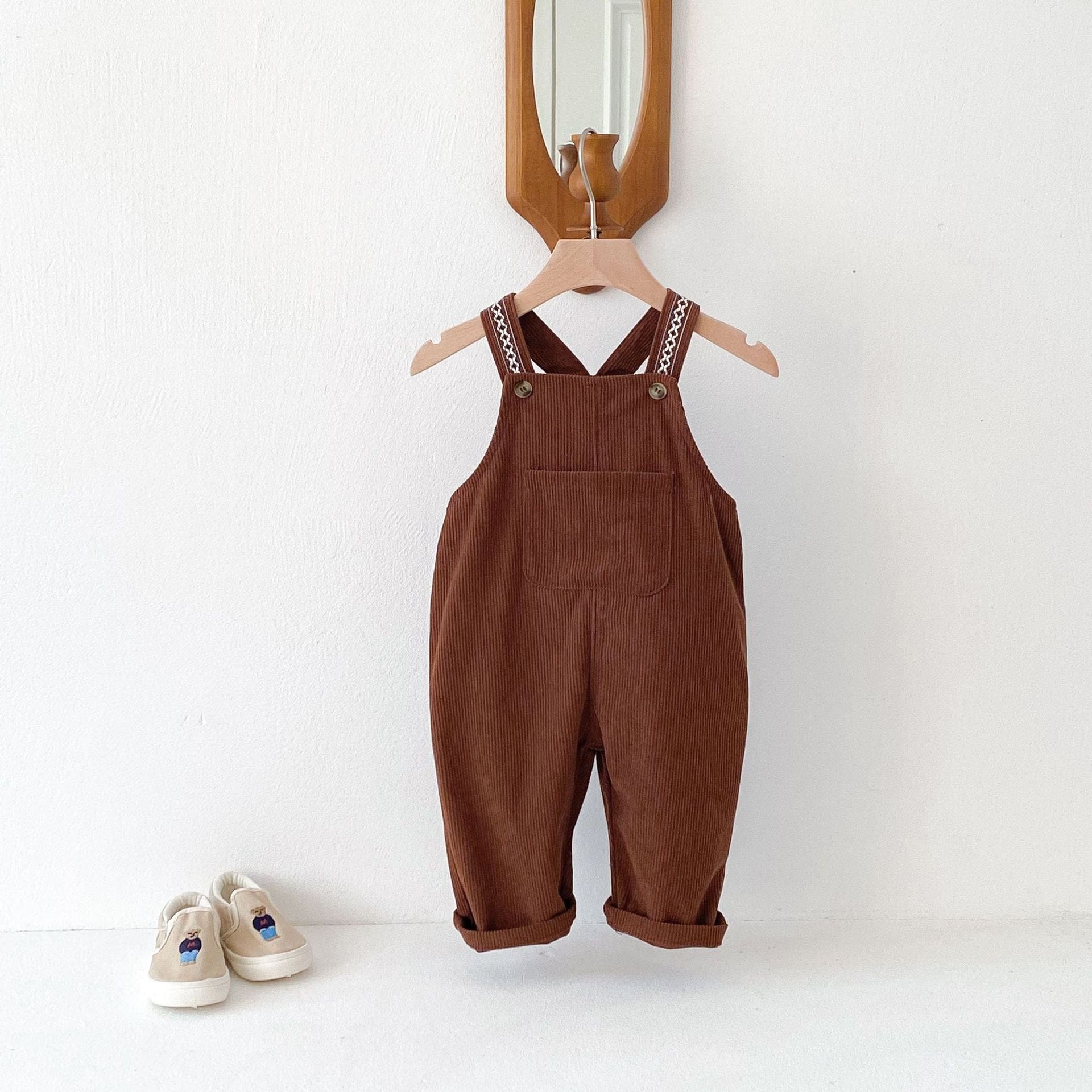 長袖セットアップ Brown overalls / 80cm キッズセットアップ ステッチニットセータートップス/チロリアンコーデュロイオーバーオール【mh0009248】