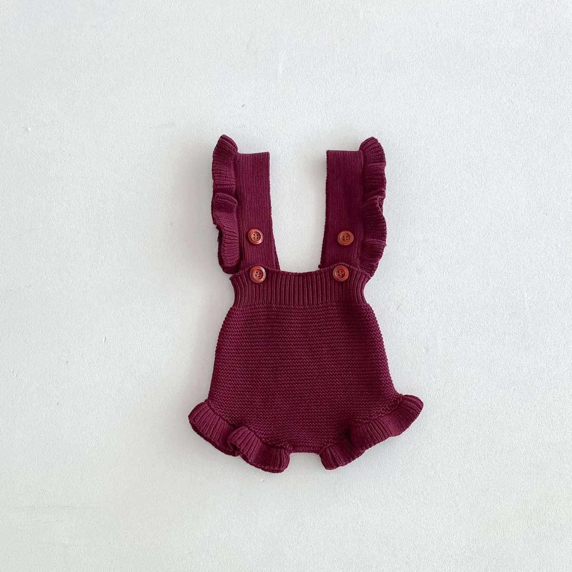 サロペットパンツ・サスペンダーパンツ Burgundy / 66cm 0-6m ベビーパンツ フリルサスペンダーショルダーニットサロペットパンツ 3カラー【mh0007392】