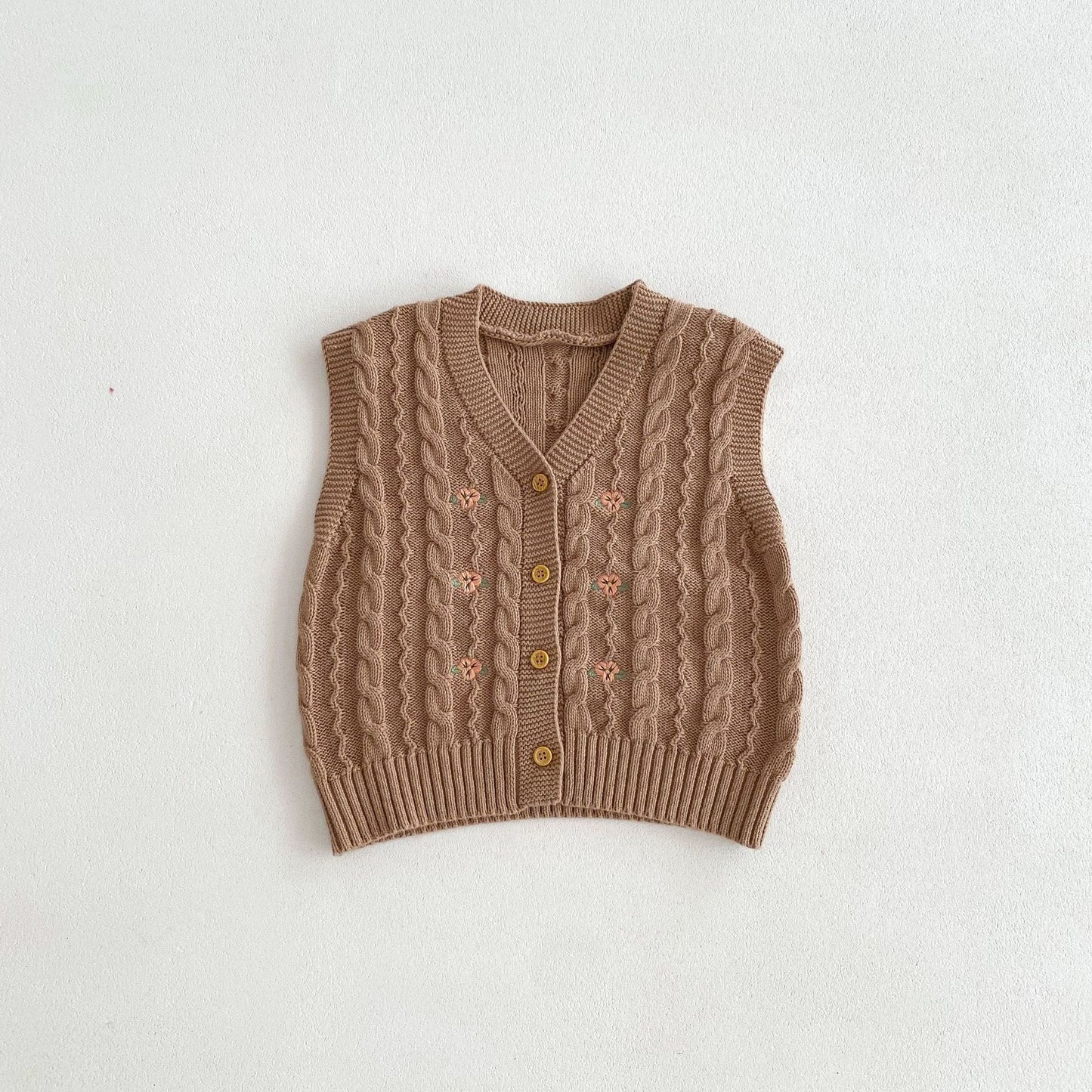 ベスト Camel / 80cm フラワー刺繍前あきニットベスト【mh0010647】