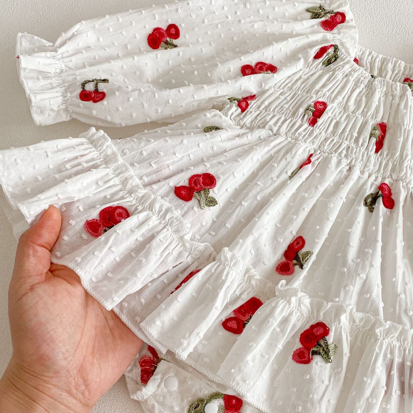 長袖ロンパース Cherry Print Skirt Jumpsuit チェリー柄 襟付き ロンパース【mh0012097】