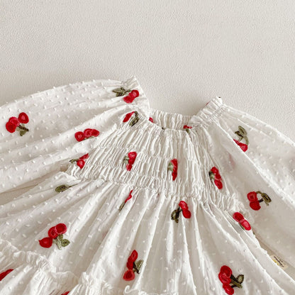 長袖ロンパース Cherry Print Skirt Jumpsuit チェリー柄 襟付き ロンパース【mh0012097】