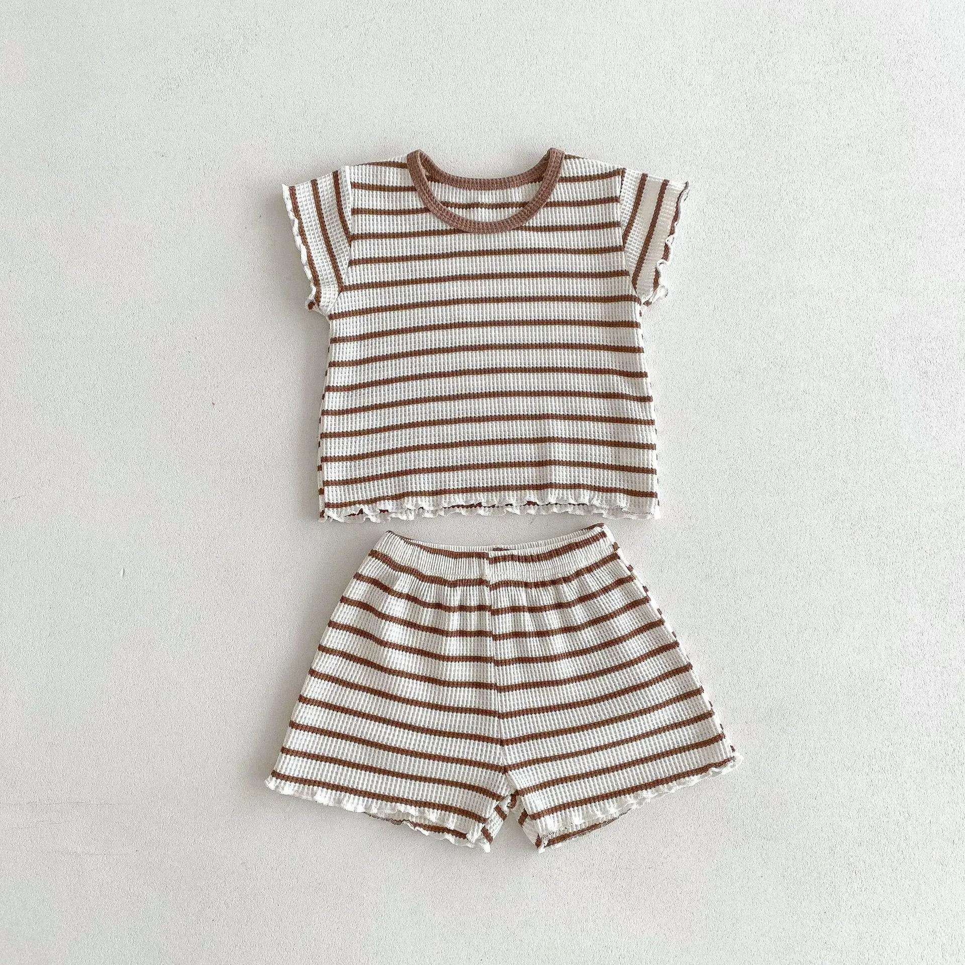 半袖セットアップ Coffee / 12M  80CM キッズセットアップ 2点セット 半袖Tシャツ+ショートパンツ ボーダー 2カラー【mh0005581】