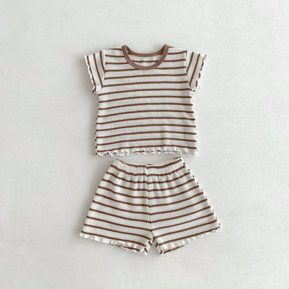 半袖セットアップ Coffee / 12M  80CM キッズセットアップ 2点セット 半袖Tシャツ+ショートパンツ ボーダー 2カラー【mh0005581】