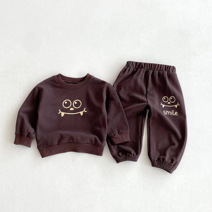 長袖セットアップ Coffee / 80cm スマイルフェイスプリント長袖スウェットシャツ+ロングスウェットパンツセットアップ 2点セット【mh0010676】