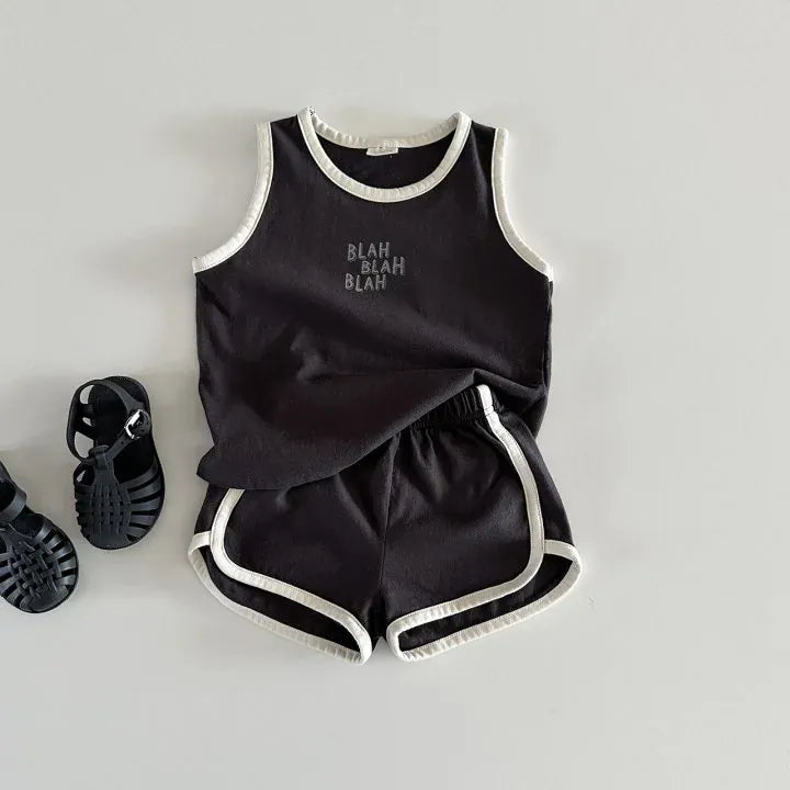 ノースリーブセットアップ Coffee / 80cm 9-12M キッズセットアップ 2点セット タンクトップ+ショートパンツ レターロゴプリント 2カラー【mh0005242】