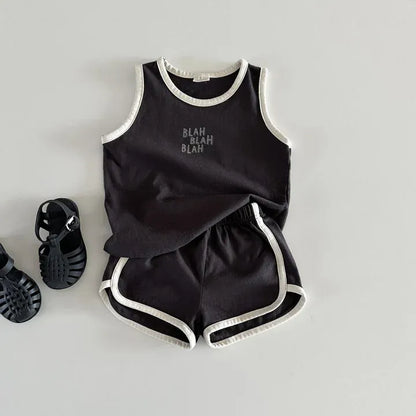 ノースリーブセットアップ Coffee / 80cm 9-12M キッズセットアップ 2点セット タンクトップ+ショートパンツ レターロゴプリント 2カラー【mh0005242】