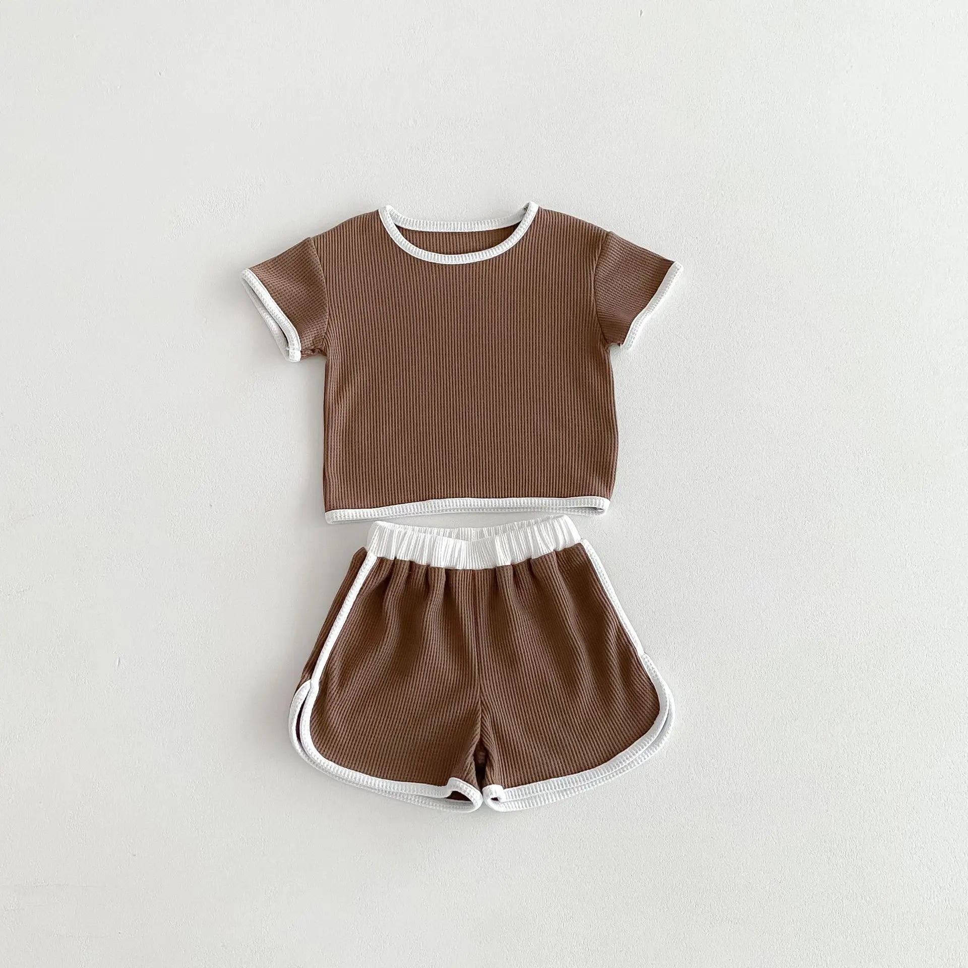 半袖セットアップ Coffee / 80cm 9-12M キッズセットアップ 2点セット 半袖Tシャツ+ショートパンツ シンプルベーシック 3カラー【mh0005390】