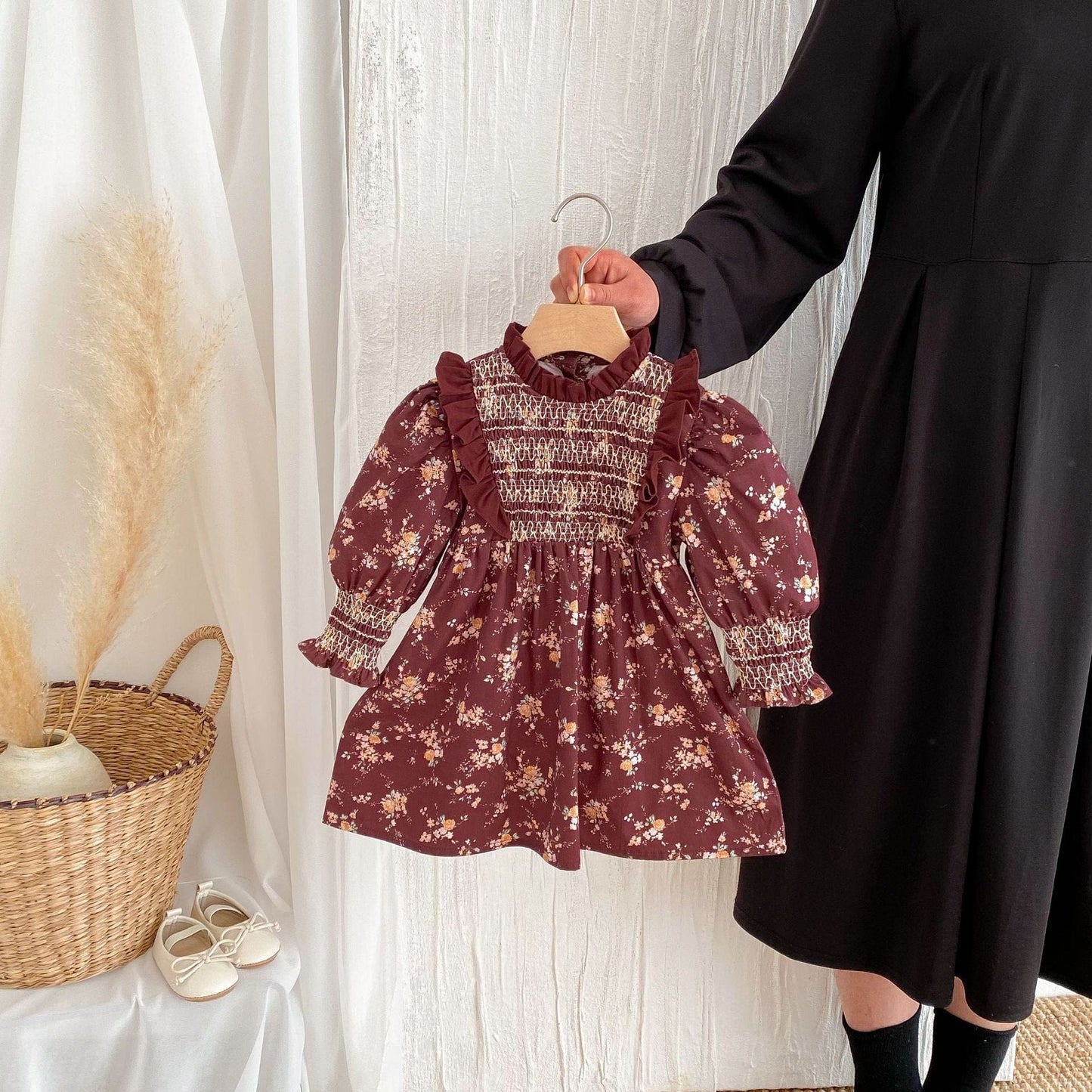 長袖ワンピース Coffee / 80cm ボヘミアンフラワープリントシャーリング長袖ワンピース【mh0009264】