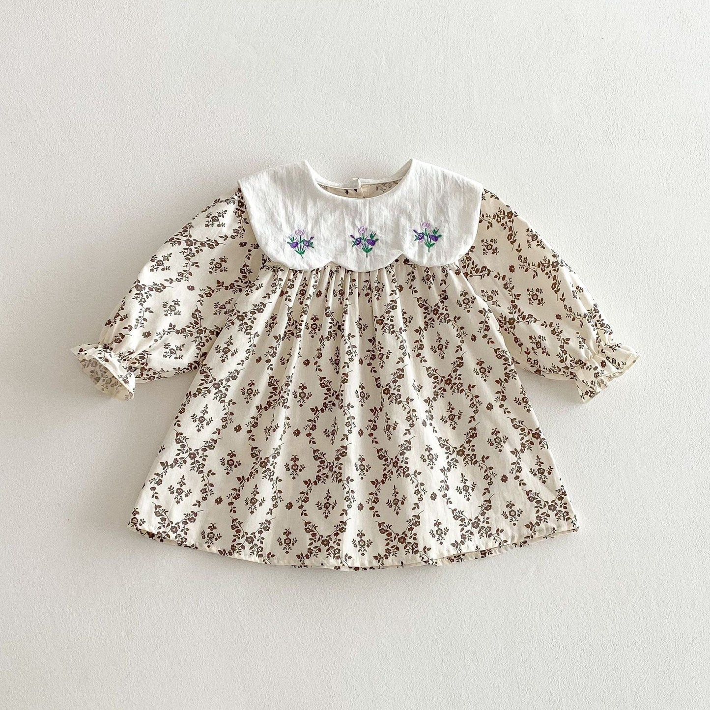 長袖ワンピース Coffee / 80cm フラワー刺繍ビッグ襟長袖ワンピース【mh0010646】