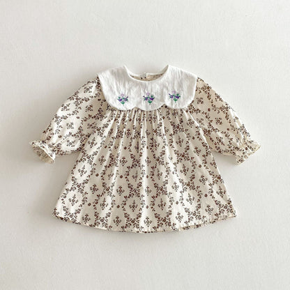 長袖ワンピース Coffee / 80cm フラワー刺繍ビッグ襟長袖ワンピース【mh0010646】