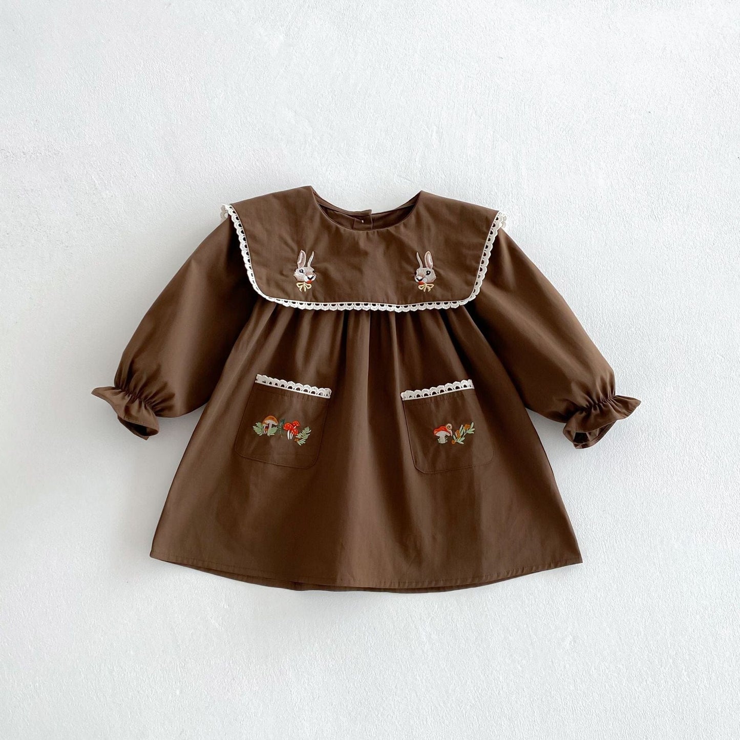 長袖ワンピース Coffee / 80cm うさぎきのこ刺繍長袖ワンピース【mh0010655】