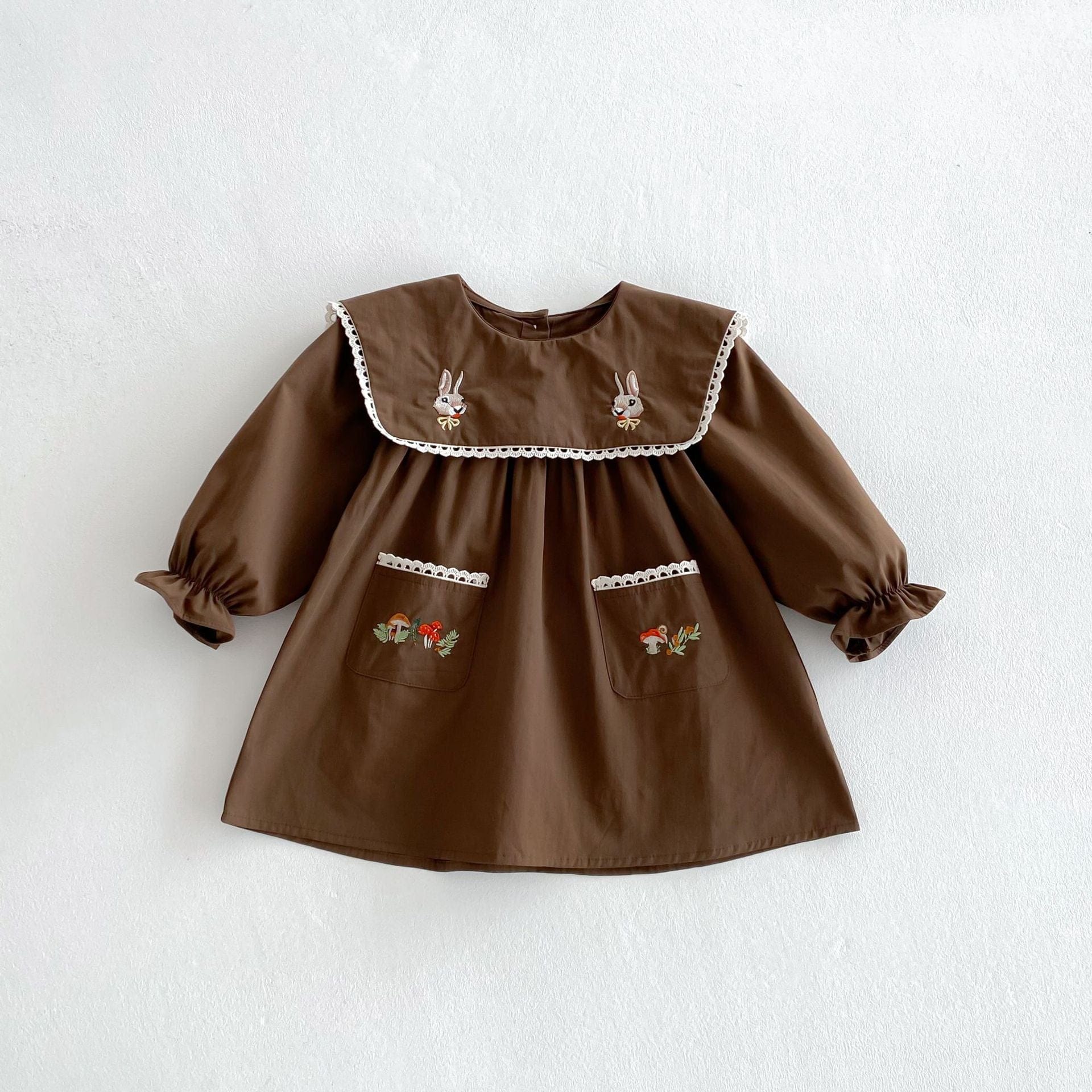 長袖ワンピース Coffee / 80cm うさぎきのこ刺繍長袖ワンピース【mh0010655】