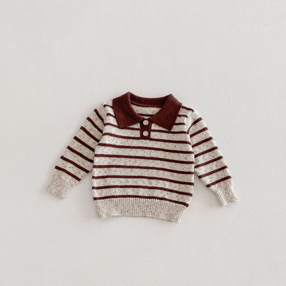 長袖シャツ・ブラウス Coffee / 80cm Polo Collar Striped Knitted Sweater ポロカラー ストライプ セーター【mh0011967】
