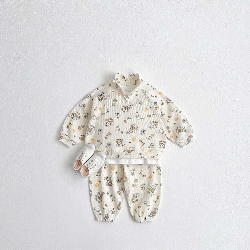 長袖セットアップ Creamy White / 80cm スポーツセットアップ プリント柄ハーフジップ長袖スウェットシャツ+スウェットパンツ【mh0009256】