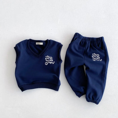 ノースリーブセットアップ Dark Blue / 12M  80CM キッズセットアップ 2点セット Vネックベストトップス+スウェットパンツ スマイルレターロゴプリント 2カラー【mh0006656】