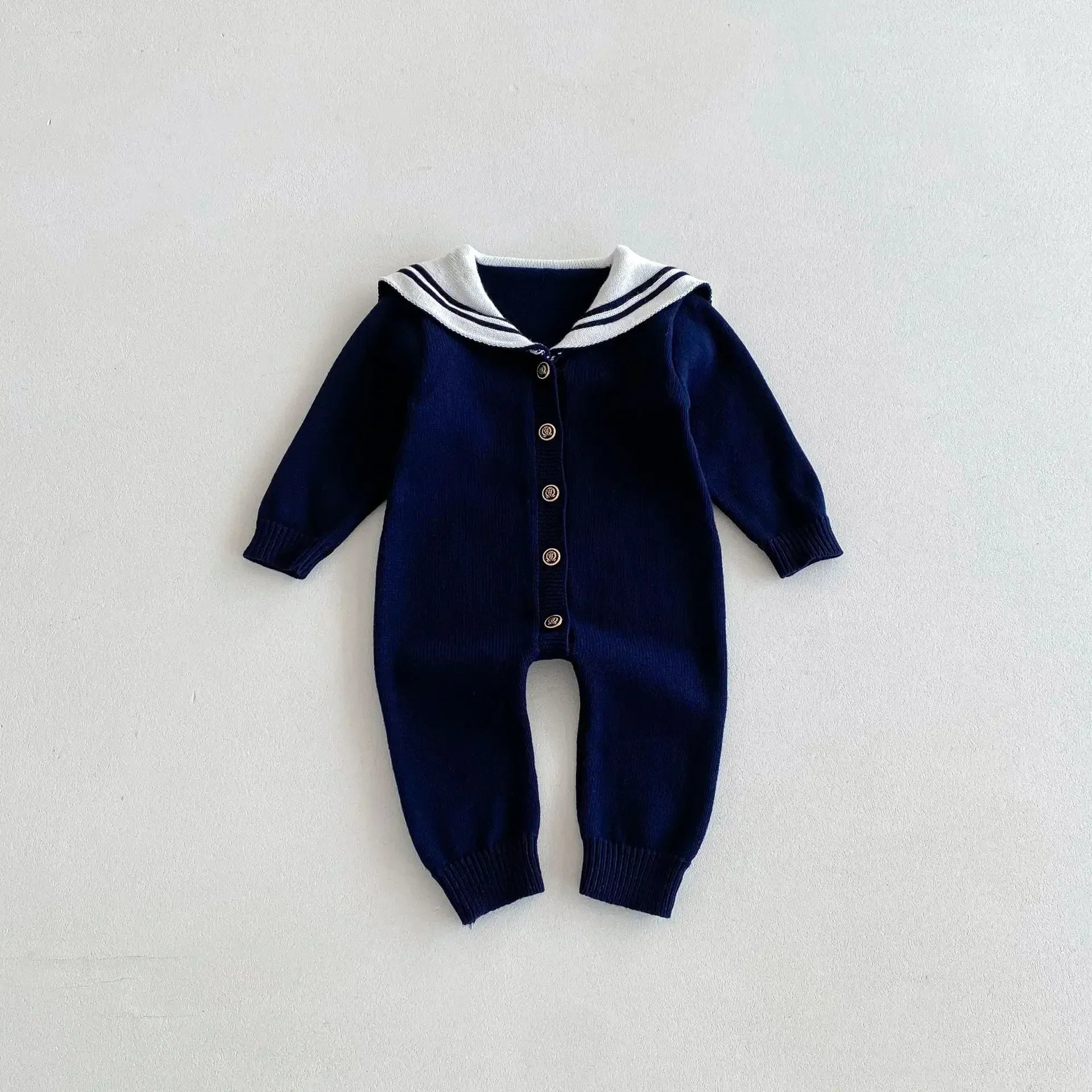 長袖ジャンプスーツ Dark Blue / 66cm 0-6m ベビージャンプスーツ セーラーカラーマリンスタイルニット長袖ロンパース 無地/ボーダー【mh0007429】