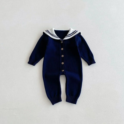 長袖ジャンプスーツ Dark Blue / 66cm 0-6m ベビージャンプスーツ セーラーカラーマリンスタイルニット長袖ロンパース 無地/ボーダー【mh0007429】