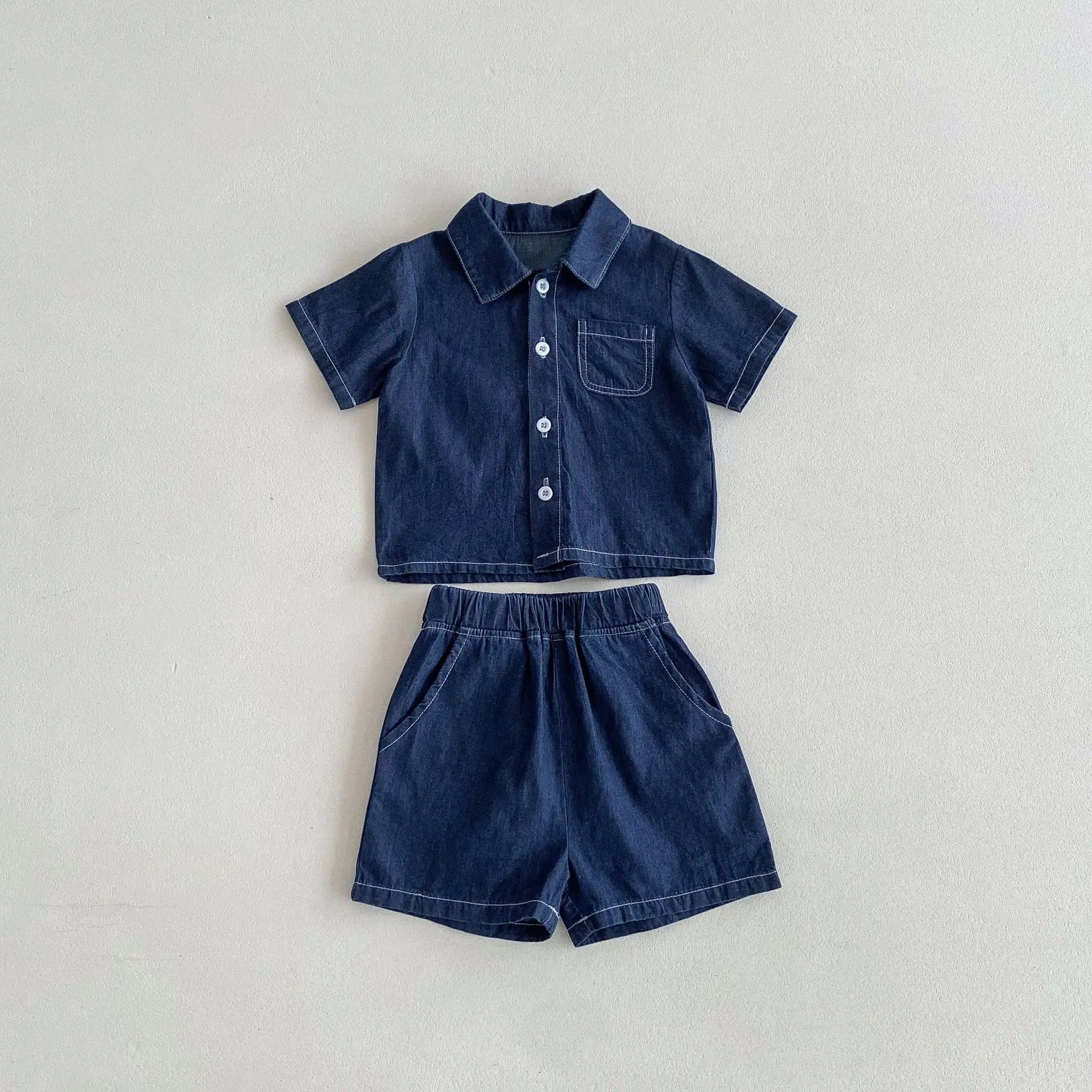 半袖セットアップ Dark Blue / 80cm 9-12M キッズセットアップ 2点セット デニム 半袖シャツ+ショートパンツ 2カラー【mh0005248】