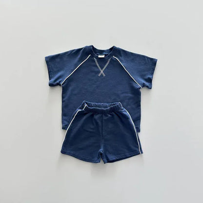 半袖セットアップ Dark Blue / 80cm 9-12M キッズセットアップ 2点セット ステッチ半袖Tシャツ+ショートパンツ 2カラー【mh0005375】