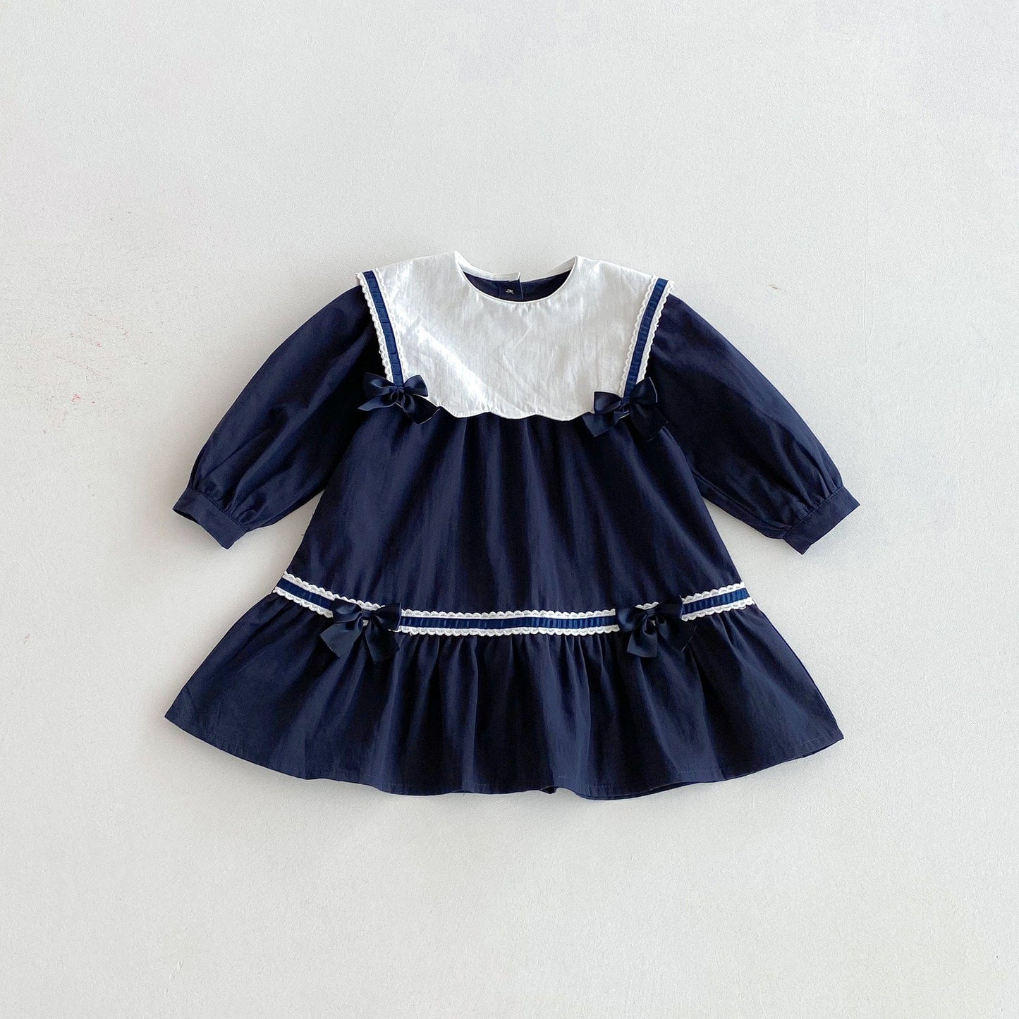 長袖ワンピース Dark Blue / 80cm リボンアクセントビッグ襟長袖ワンピース【mh0010651】