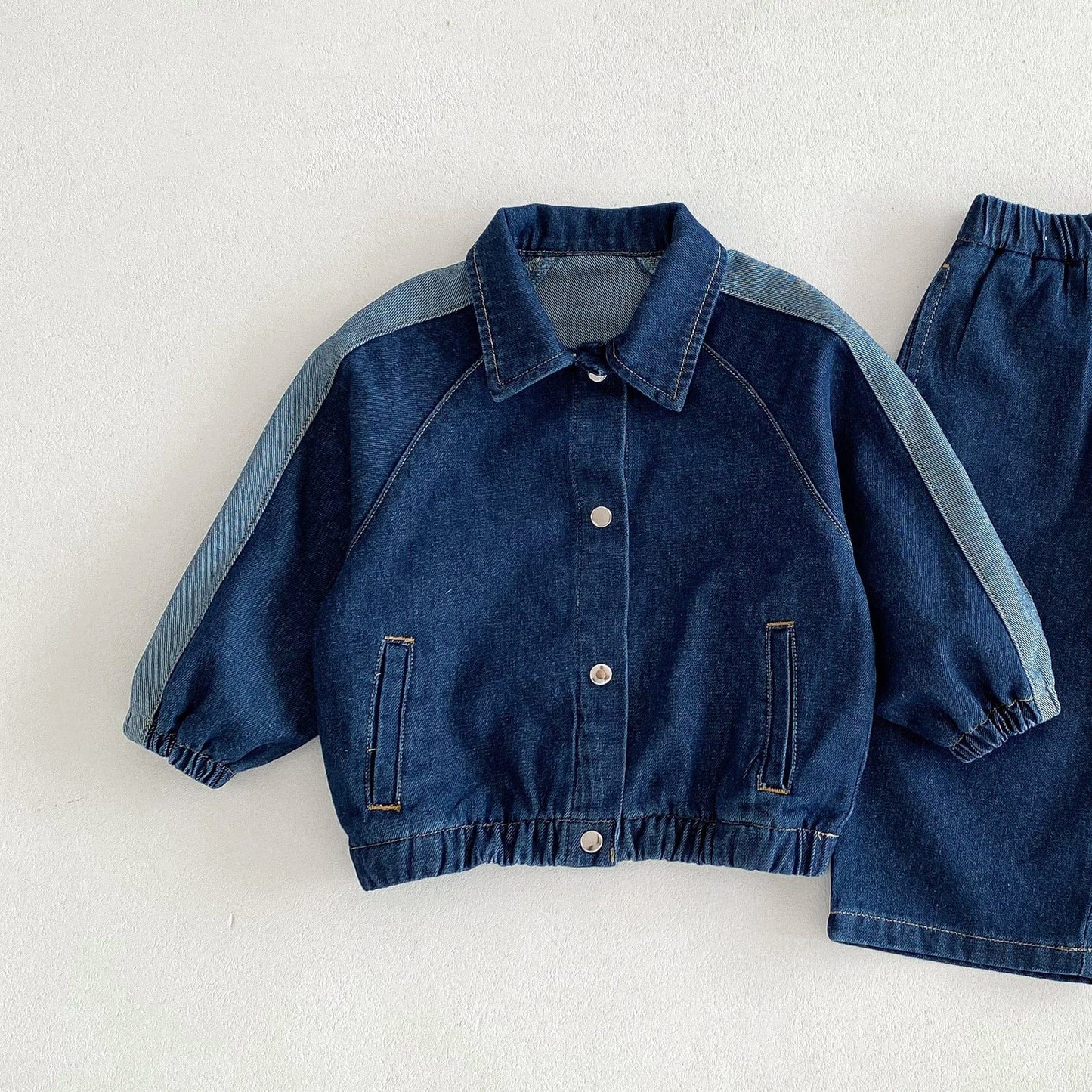 長袖セットアップ Dark blue coat / 80cm デニムセットアップ サイドパッチワーク長袖シャツ/ロングルーズパンツ【mh0009244】