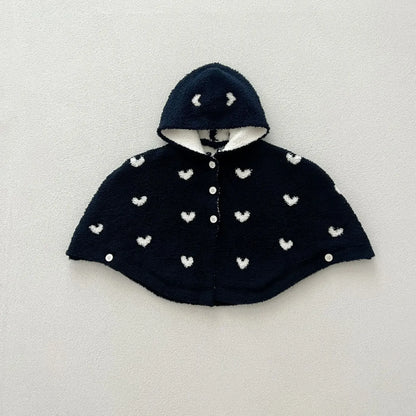 ショートコート・ジャケット・ジャンパー Dark Blue / M 0-1Y ベビーアウター ハート柄ニットフーディケープマントポンチョ 2カラー【mh0007403】