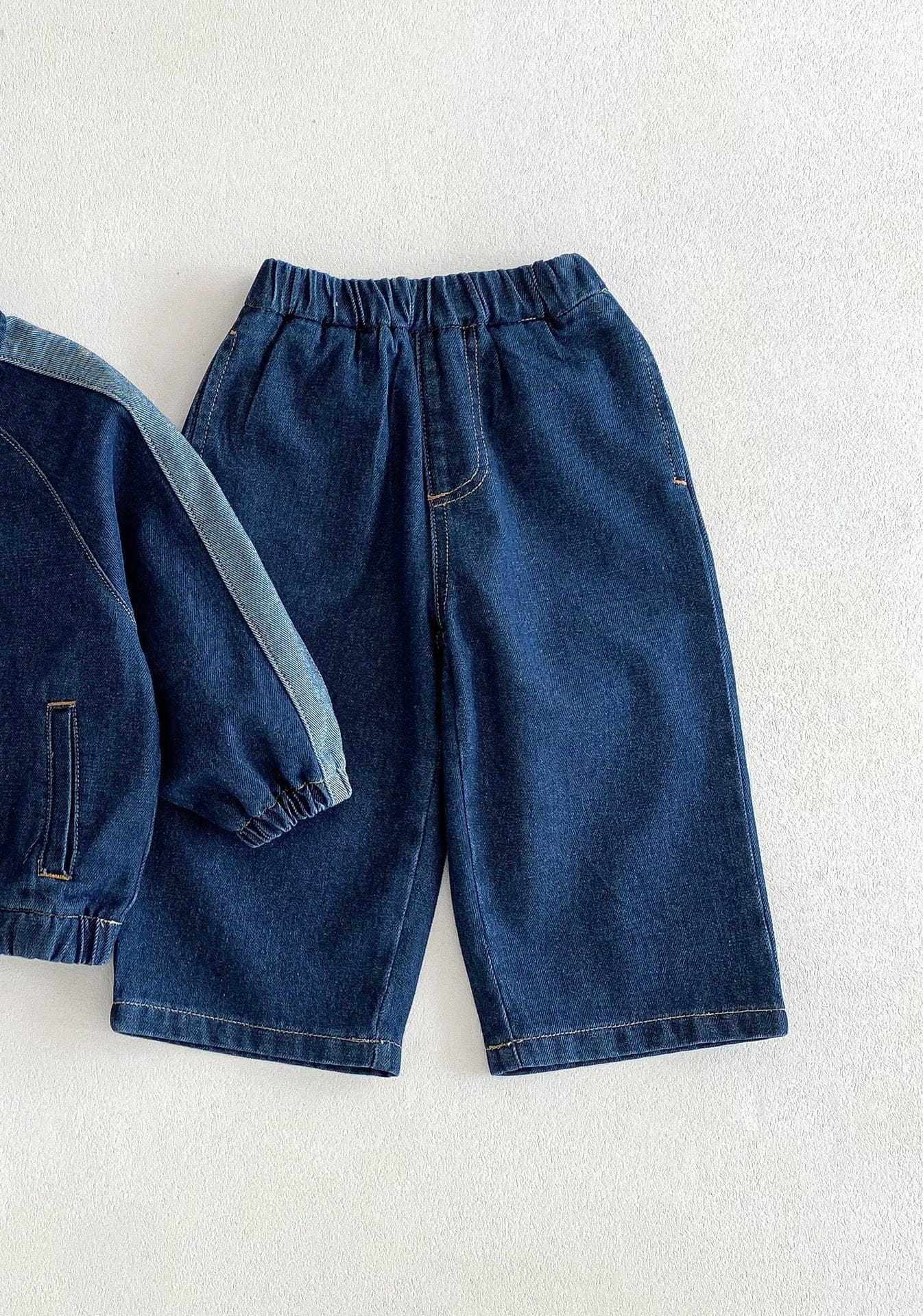 長袖セットアップ Dark blue pants / 80cm デニムセットアップ サイドパッチワーク長袖シャツ/ロングルーズパンツ【mh0009244】