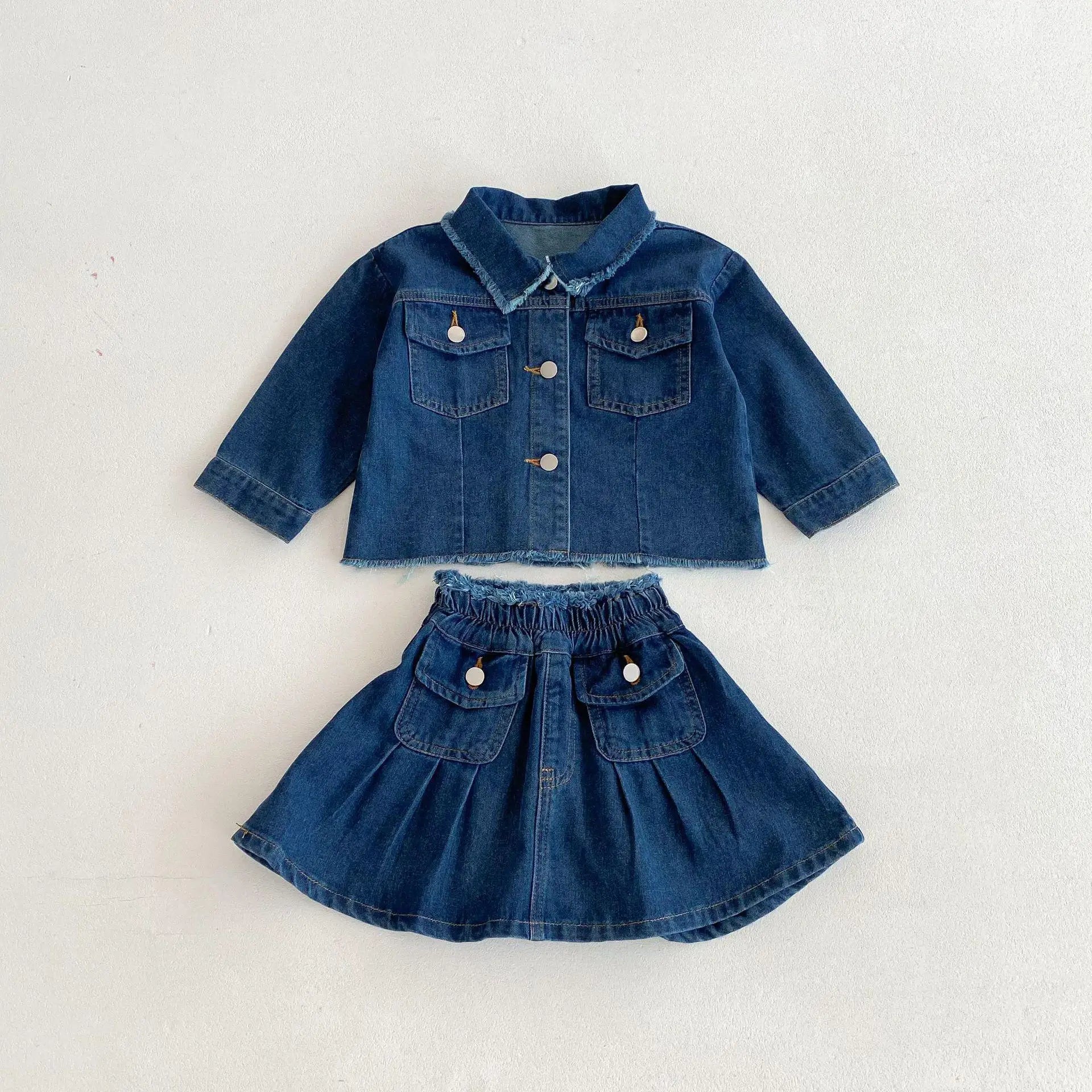 長袖セットアップ Denim Blue / 12M  80CM キッズセットアップ 2点セット デニム長袖シャツ+ポケットアクセントデニムスカート【mh0006981】